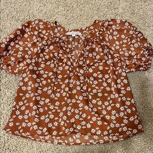 Red V-neck Puff Sleeve Blouse with Ruffled Tie Front